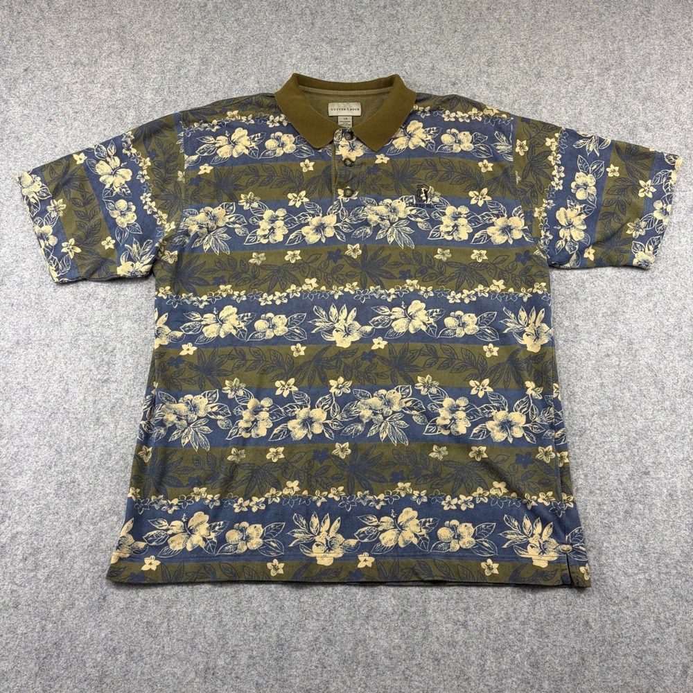 Cutter & Buck Mens Large Deere Run Floral Polo Shirt Olive Blue Tropical Golf